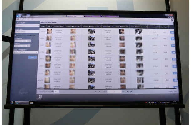 顔認証技術を活用した待ち時間・滞在時間計測のデモ展示。事前に顔画像の登録をしたわけではないのに、筆者がブースに立ち寄ると各ポイントで撮影された筆者の顔画像が一覧表示されていた（撮影：防犯システム取材班）