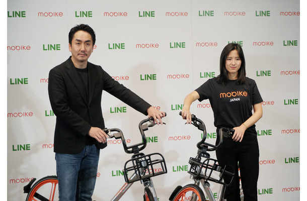 記者会見にはLINEの出澤剛氏と、モバイクのHu Weiwei氏が出席。日本版・モバイクサービスの展望を語った