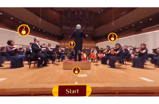 「VRオーケストラ～東京交響楽団～」から。5箇所のカメラ位置から360度の映像を楽しめる。写真は客席からのアングル