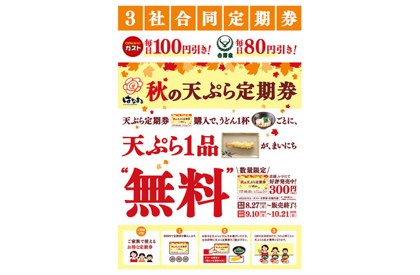 吉野家、ガスト、はなまるうどん「3社合同定期券」を発売