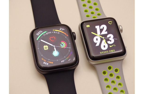 Apple Watchの新旧モデルを徹底比較。左が最新のSeries 4。右は筆者が愛用しているSeries 2のNikeモデルだ