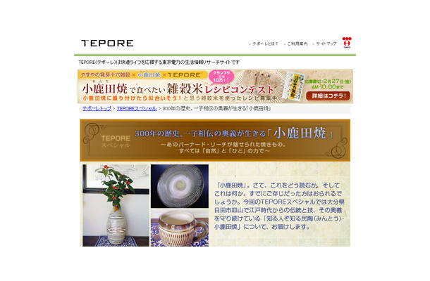 　東京電力の生活情報サイト「TEPORE」では、“九州ご当地企画”として「小鹿田焼（おんたやき）」の特集ページを開設。写真とテキストで「小鹿田焼」の特徴や魅力を紹介していく。