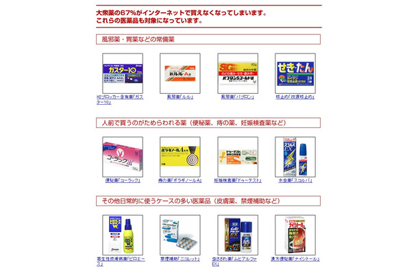 販売禁止対象とされる一般薬の例（楽天市場ページより）