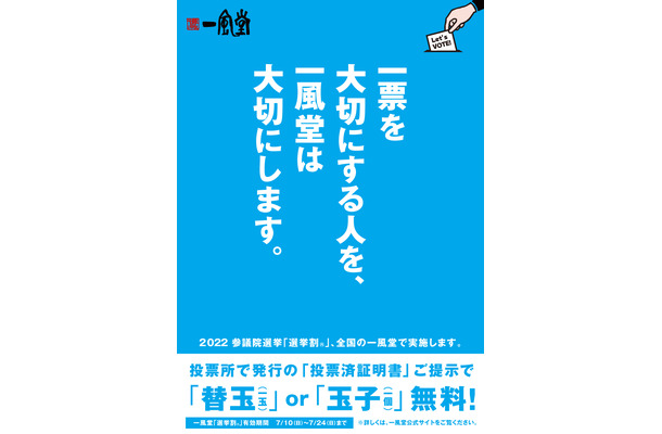 一風堂で選挙割！「替玉一玉」orトッピングの「玉子一個」無料に