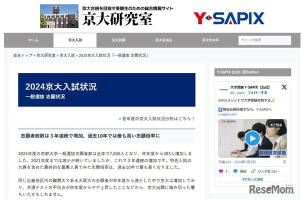 2024京大入試状況「一般選抜 志願状況」