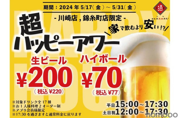 【激安】ビール200円にお茶割り30円だと！？「超ハッピーアワー」が気になる