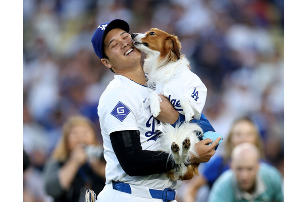 デコピンを抱きかかえる大谷翔平（Photo by Harry How/Getty Images）