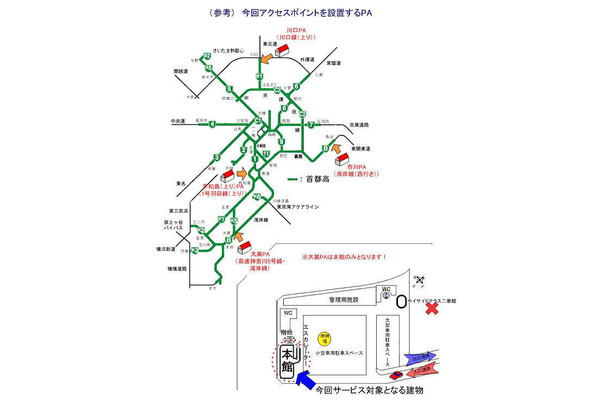 　首都高速道路公団は、首都高の4カ所のPAで26日より公衆無線LANサービスを開始する。公衆無線LANサービスを開始するPAは、平和島（上り）、川口、市川、大黒の4カ所。首都高速道路公団は、2005年度中に全てのPAで公衆無線LANを設置する予定だ。