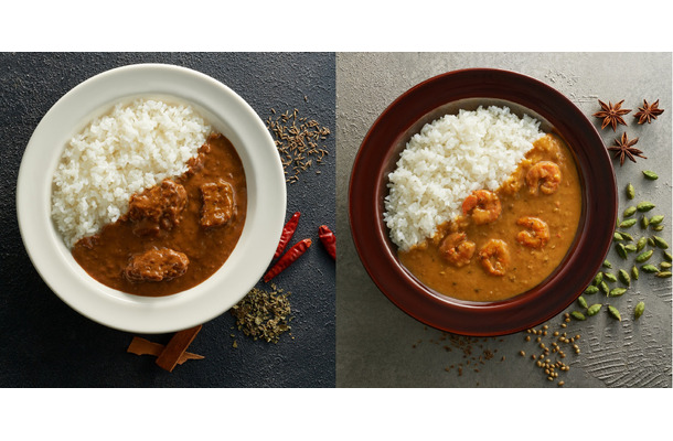 「焙煎スパイスのごろり牛肉カレー」「焙煎スパイスの海老のクリーミーカレー」
