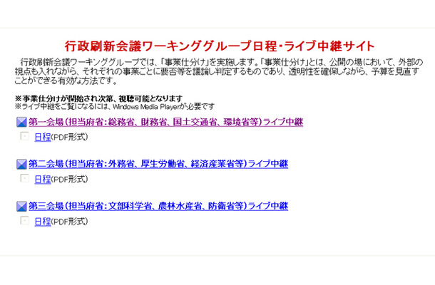 行政刷新会議ワーキンググループ日程・ライブ中継サイト