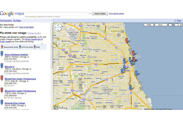 　米Googleは10日（現地時間）、H1N1を含むインフルエンザワクチンの在庫状況などを確認できる機能をGoogle Mapsに追加したと発表した。
