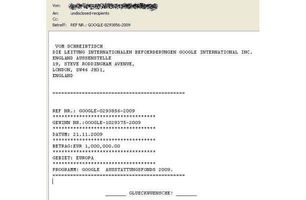 「Google基金2009」を騙るメール（ドイツ語）