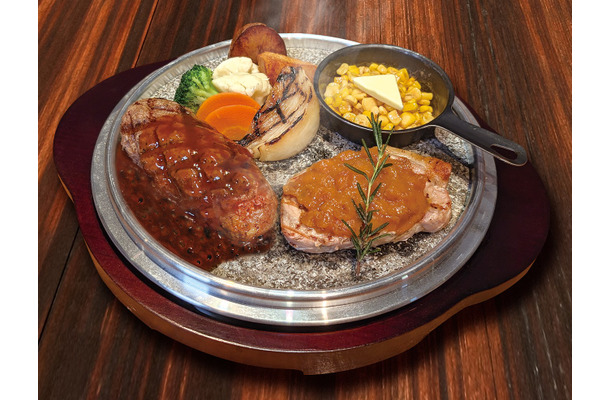 バーボンBBQハンバーグ＆グリルドポーク アップルジンジャーソース 石焼きハンバーグ 　2,480円（税込）／粗びきハンブルグ 2,880円（税込）