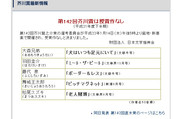 文藝春秋ホームページ　芥川賞最新情報