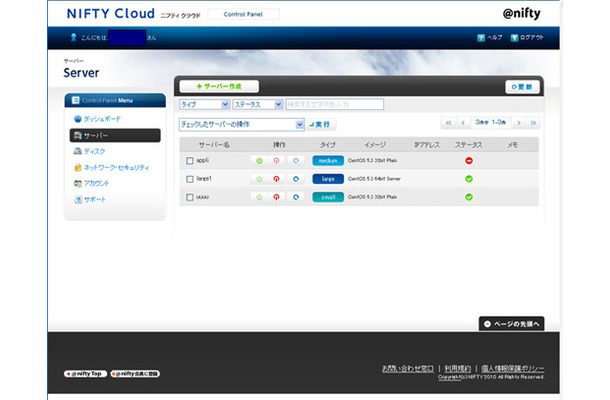 「ニフティクラウド」コントロールパネル　ダッシュボード画面イメージ