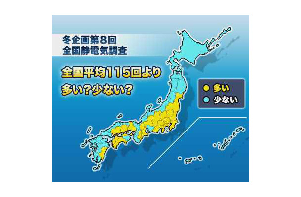 静電気の全国平均より多い県、少ない県