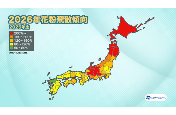 2026年花粉飛散予想（2025年比）