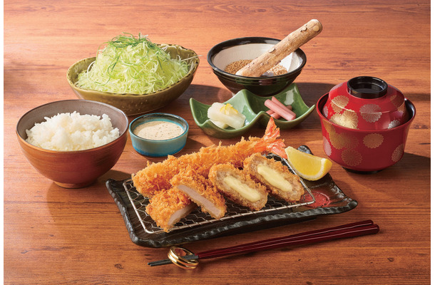 「“北海道産5種チーズ”メンチかつ盛合せ御膳」（北海道産5種チーズメンチかつ・大海老フライ・ひとくちヒレかつ）（税込価格1,958円）