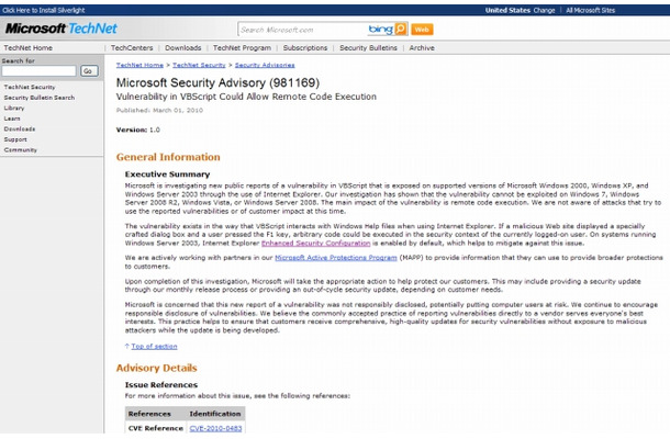 Microsoft Security Advisory （981169）