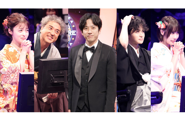 左から）橋本環奈、ムロツヨシ、二宮和也、菊池風磨、あの『クイズ＄ミリオネア』（C）フジテレビ