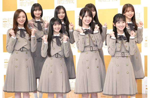 乃木坂46（前列左から）梅澤美波、賀喜遥香、一ノ瀬美空、川﨑桜（後列左から）遠藤さくら、井上和、池田瑛紗、菅原咲月【撮影：小宮山あきの】