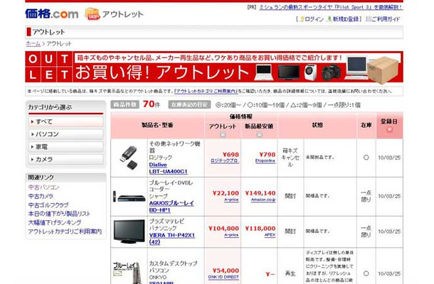 アウトレットカテゴリのトップページ