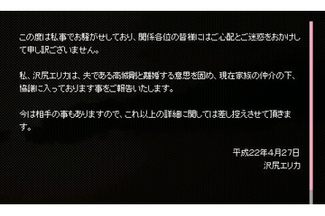 沢尻エリカが離婚の意思を公式サイトで表明！「家族の仲介で協議中」 画像