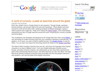 Google、世界の検索回数を地球のグラフィックと共に可視化するSearch Globe 画像