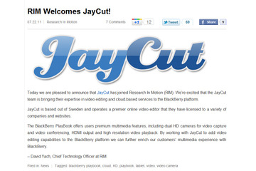 加RIM、動画編集ツールを提供するJayCutを買収 画像