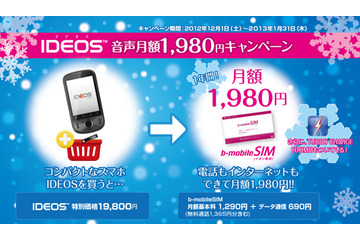 イオンと日本通信、IDEOS購入と同時契約で「今だけお得な月額1,980円」キャンペーン開始 画像