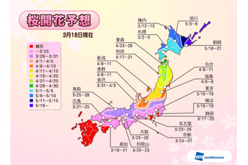 今年の花見は早めに！　関東南部や九州では春分の日～今週末が見頃ピーク 画像