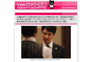 好調の「半沢直樹」、「ミタ」超えなるか――？　平均視聴率はついに30％台へ 画像