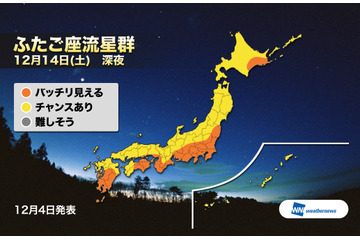 ふたご座流星群、観測ピークは12月14日……太平洋側が観測チャンス 画像