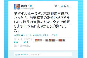 東京都知事選、投票日に約68万ツイート……舛添要一氏が当選 画像