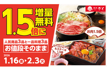 和食さと、人気メニュー6品が無料で1.5倍に！1月16日から増量キャンペーン開始 画像