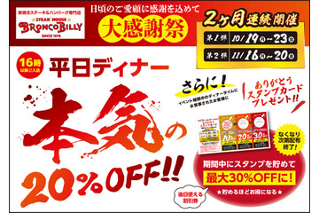 ブロンコビリーが大感謝祭！平日ディナー全品20％オフ 画像
