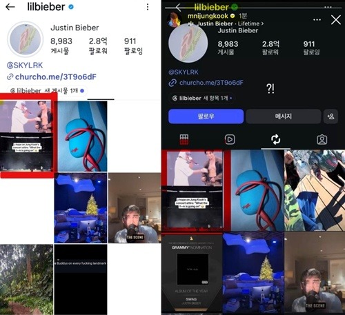 ジャスティン・ビーバー、JUNG KOOKインスタグラム