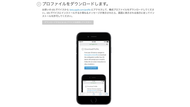 試用する端末から「beta.apple.com/profile」にアクセスして構成プロファイルをダウンロード