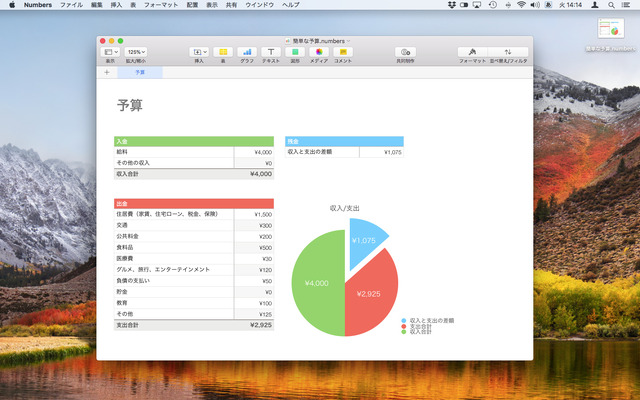 Numbersでは複数の表を作って、グラフ、テキスト、図形などと組み合わせて自由に配置できる