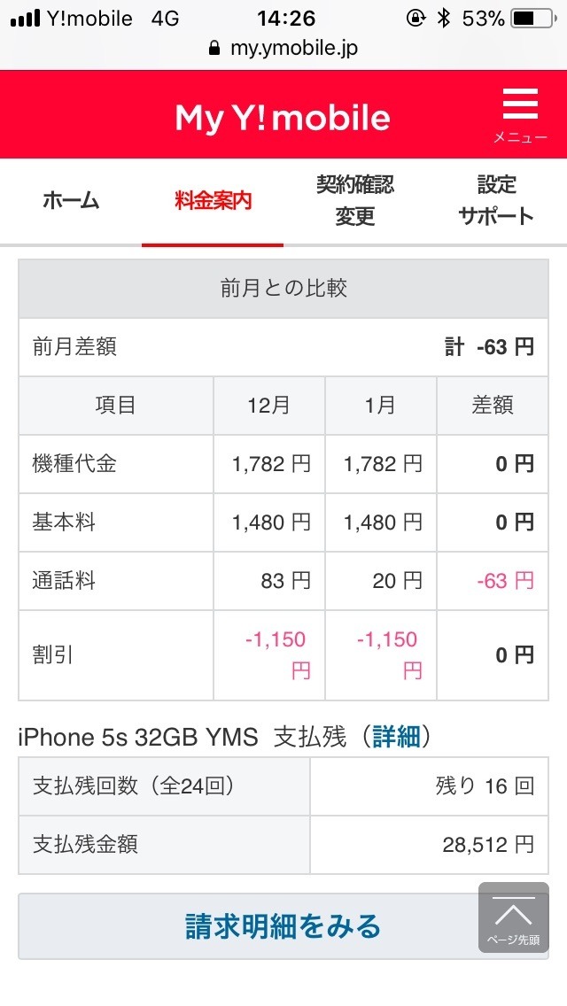 ワイモバイル明細（月別）