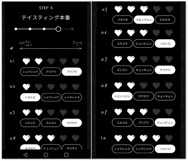 筆者のつけたスコア。02と10で「シャラシャラ」を選ぶ機会があったが、選んでいない