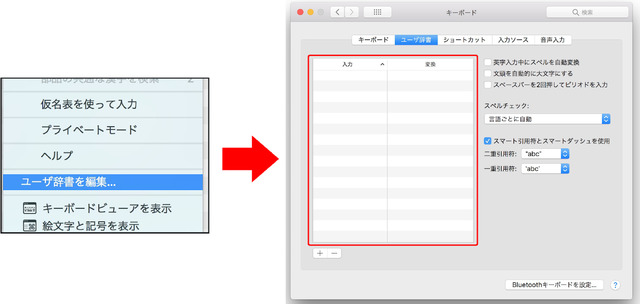 入力メニューからか、システム環境設定ウィンドウの「キーボード」ウィンドウで「ユーザー辞書」を選んだ画面。左下の［＋］を押して任意の単語を追加登録できる