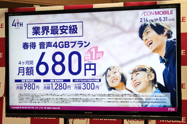 「お陰様で4周年キャンペーン」により、音声プラン（4GB）を4か月間、月額680円で提供