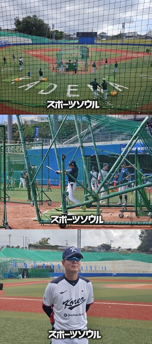 バッティング練習を見守るリュ・ジヒョン監督