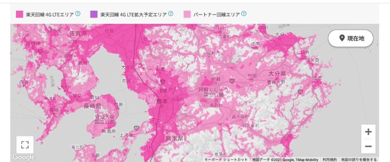 熊本エリアマップ：ほとんどのエリアで楽天モバイルの4G LTE電波