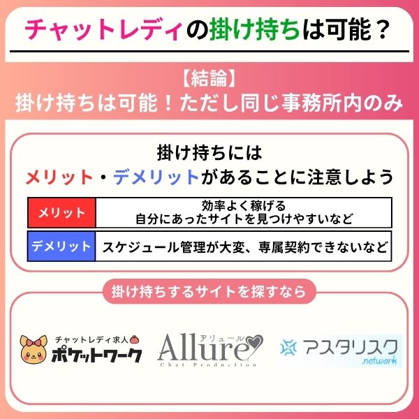 チャットレディの掛け持ちは可能?メリット・デメリットを詳しく解説 chatlady multiple jobs4 - チャットレディの掛け持ちは可能?メリット・デメリットを詳しく解説