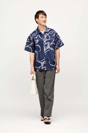 オープンカラー半袖シャツ/型染め/伊藤若冲/玉蜀黍図/NAVY