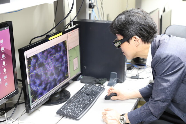 3D眼鏡で光化学系II(photosystem II, PSII)複合体の構造解析画像を体験する井上諭一局長(異分野基礎科学研究所)
