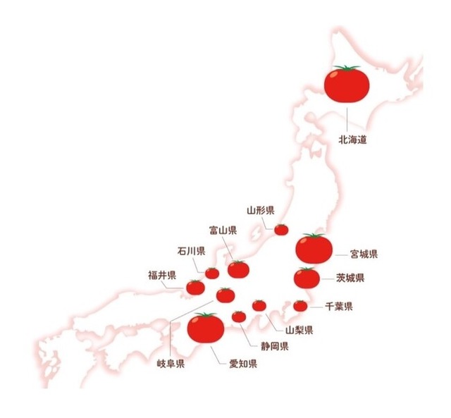 産地地図:コーミ公式サイト「国産トマト100%トマトケチャップ」より作成(トマトの大きさは作付面積を表しています)