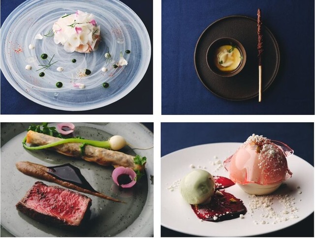 (画像:ディナーコースより、画像右上から時計周回りに、アミューズ、デザート、肉料理、冷菜)